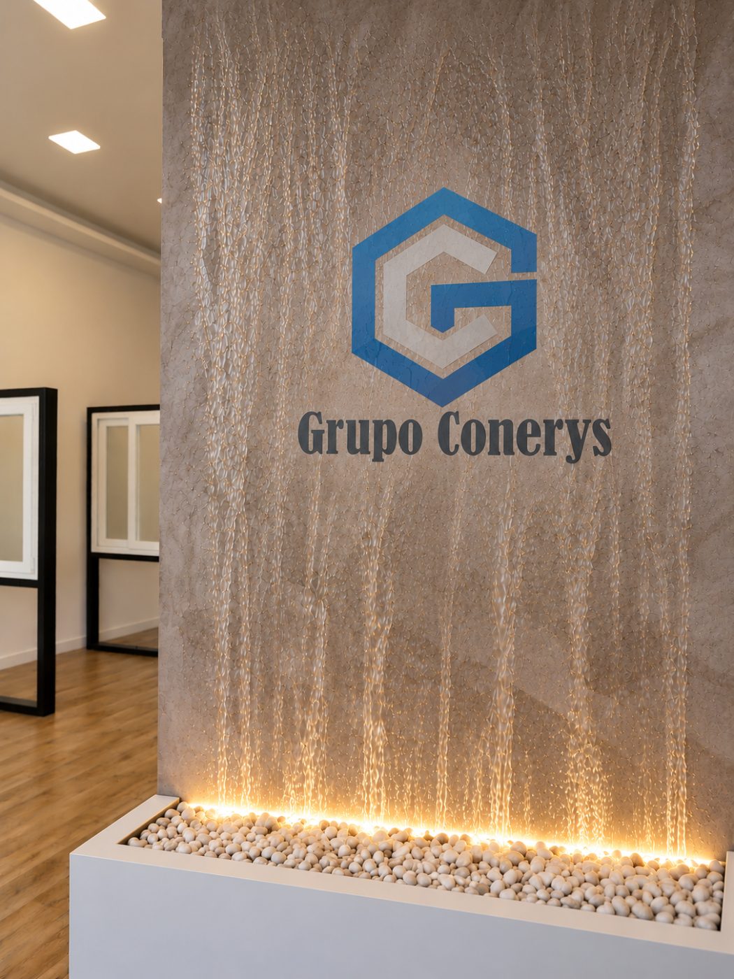 Recepción de Grupo Conerys con el logotipo de la empresa